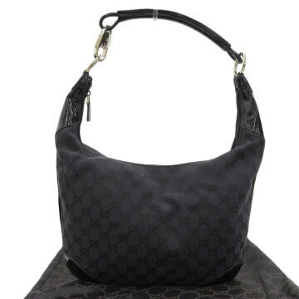 Gucci GG Canvas One Shoulder Hobo Bag Black Enamel